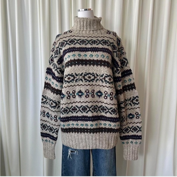 Vintage 1980’s POLO Ralph Lauren Hand knit Fair Isle turtleneck sweater large - Picture 5 of 11